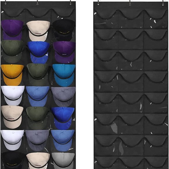 24 Deep Pockets- Hat Organizer - Hat Racks for Baseball - Wall Door with 3 Hooks - Picture 2 of 7